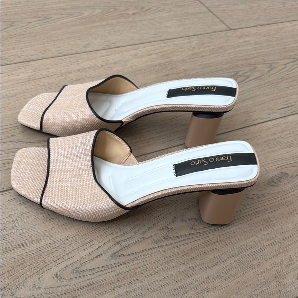 Franco Sarto Nude-Tone Open Toe Block Heel Mules with Black Trim
